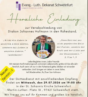 Herzliche Einladung zum Verabschiedungsgottesdienst für Diakon Hofmann am 29.07.